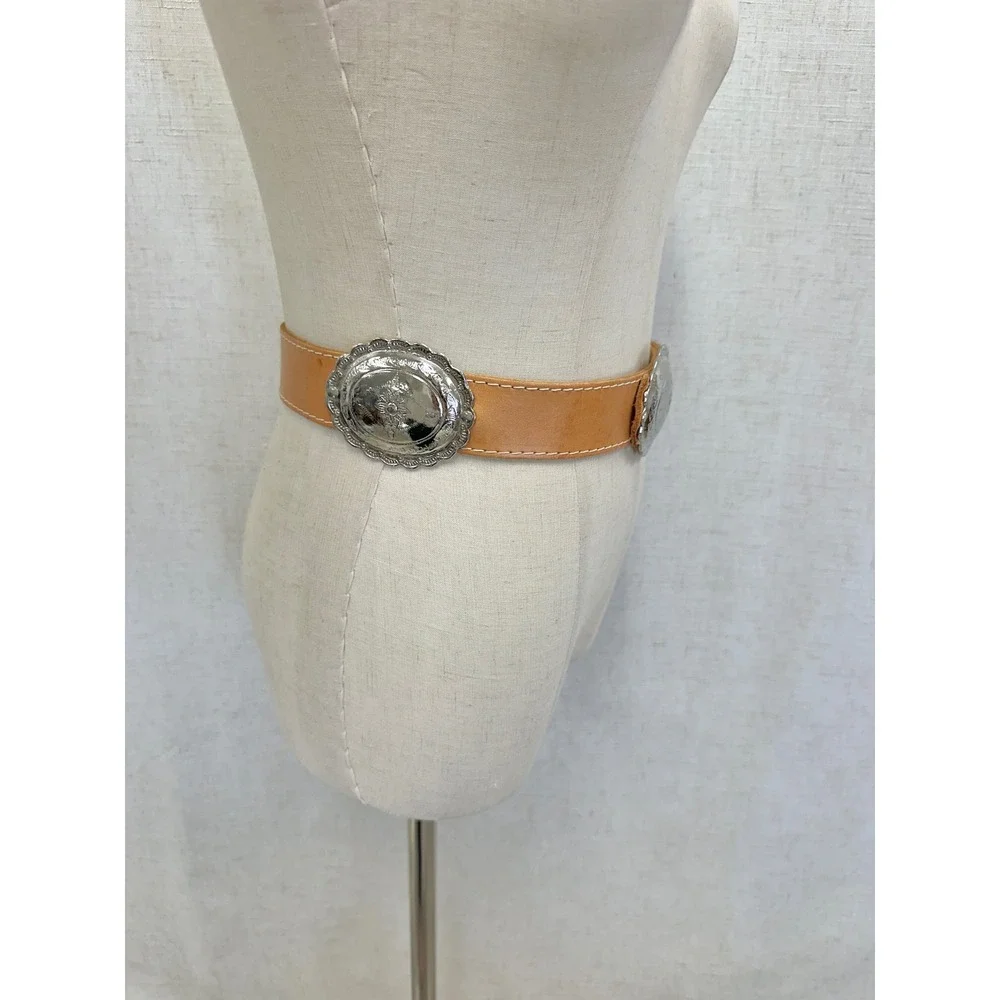 Carole Little Tan Leather Silver Concho Belt Womens Size M Western Boho 90s